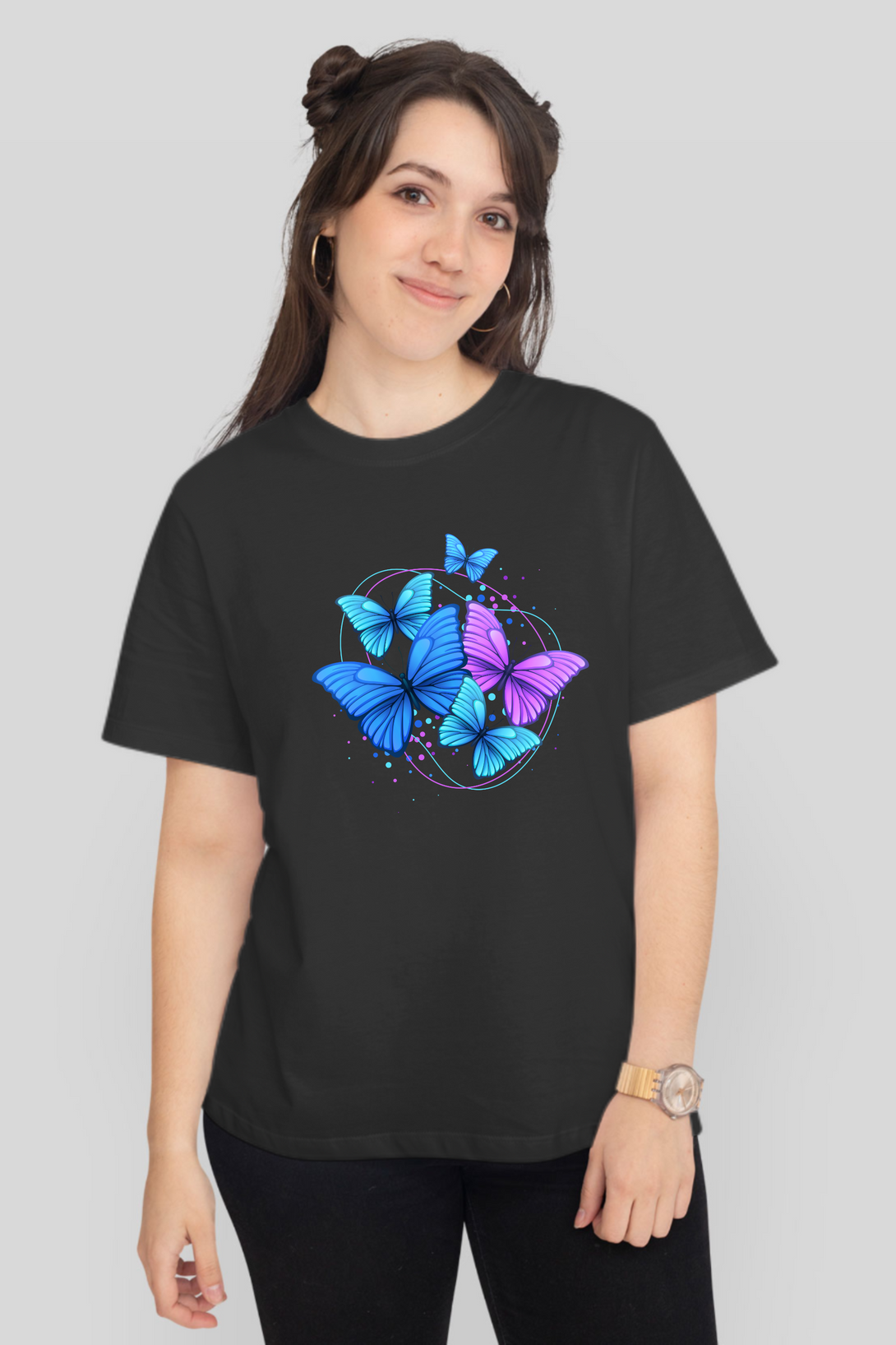 Purple Blue Modern Butterfly Printed T-Shirt For Women - WowWaves - 11