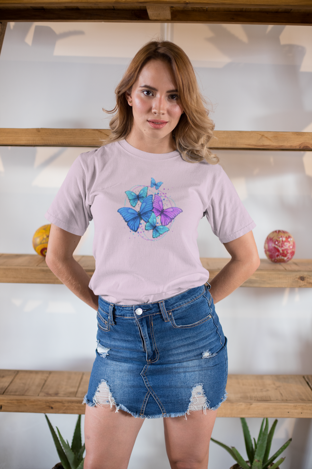 Purple Blue Modern Butterfly Printed T-Shirt For Women - WowWaves - 3