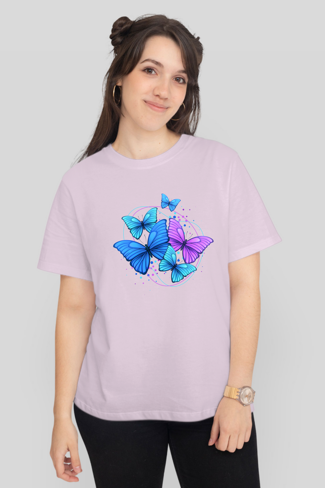 Purple Blue Modern Butterfly Printed T-Shirt For Women - WowWaves - 12