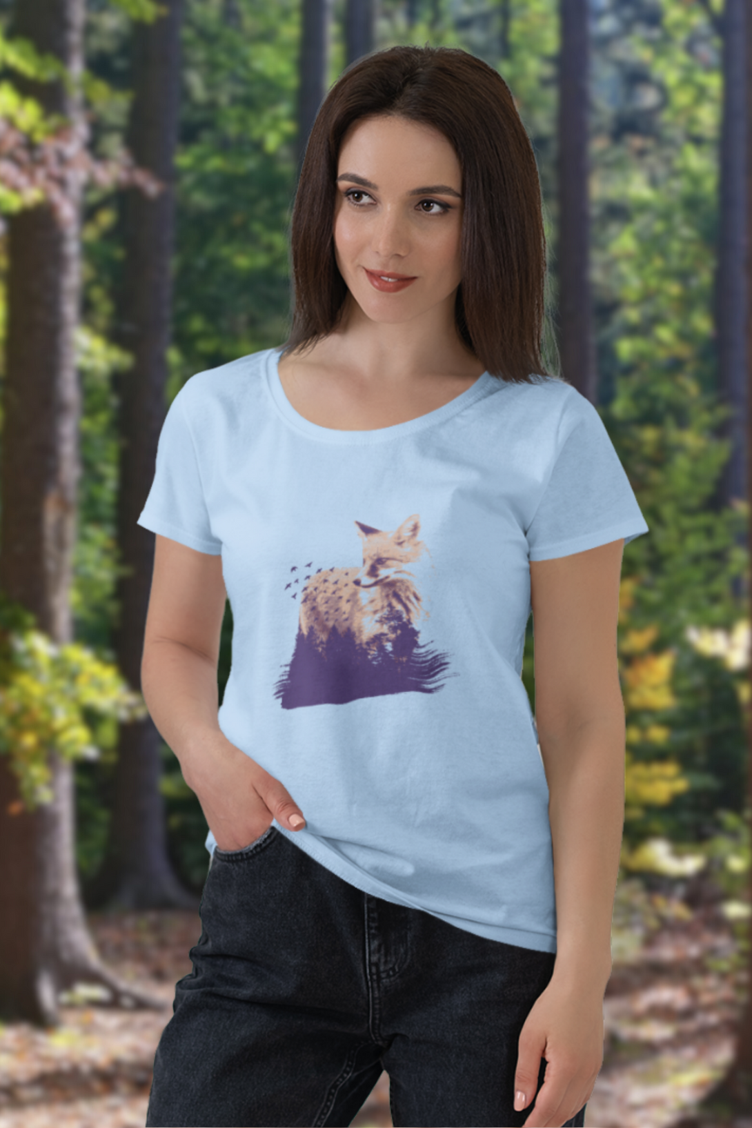 Forest Fox Printed Scoop Neck T-Shirt For Women - WowWaves - 5