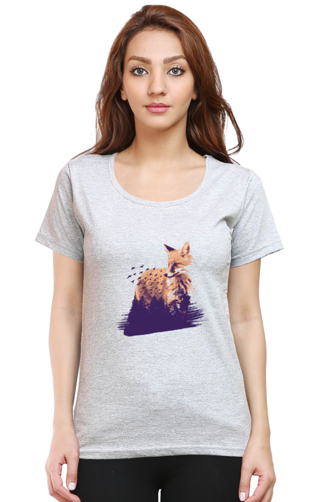 Forest Fox Printed Scoop Neck T-Shirt For Women - WowWaves - 10