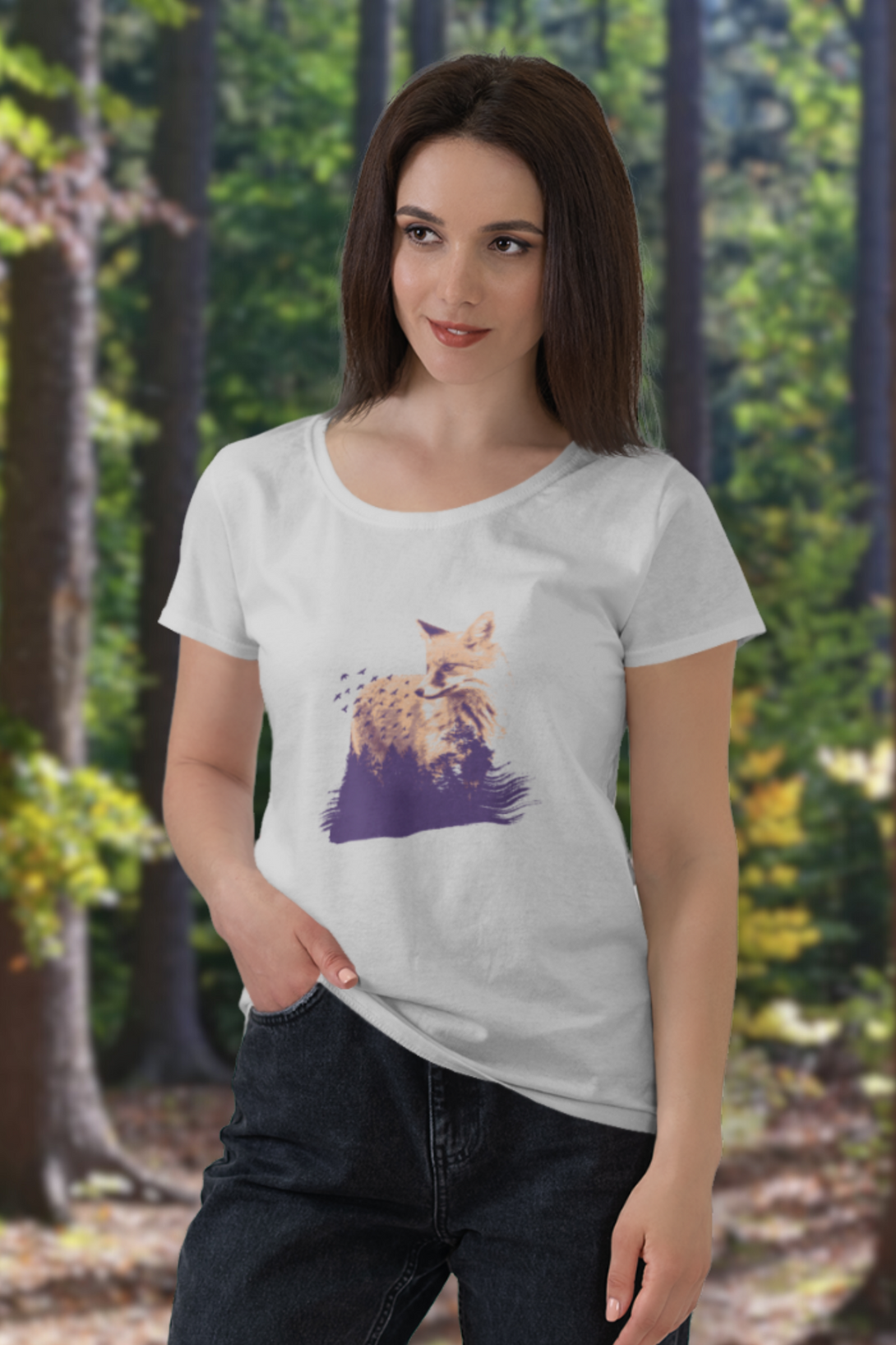 Forest Fox Printed Scoop Neck T-Shirt For Women - WowWaves - 6