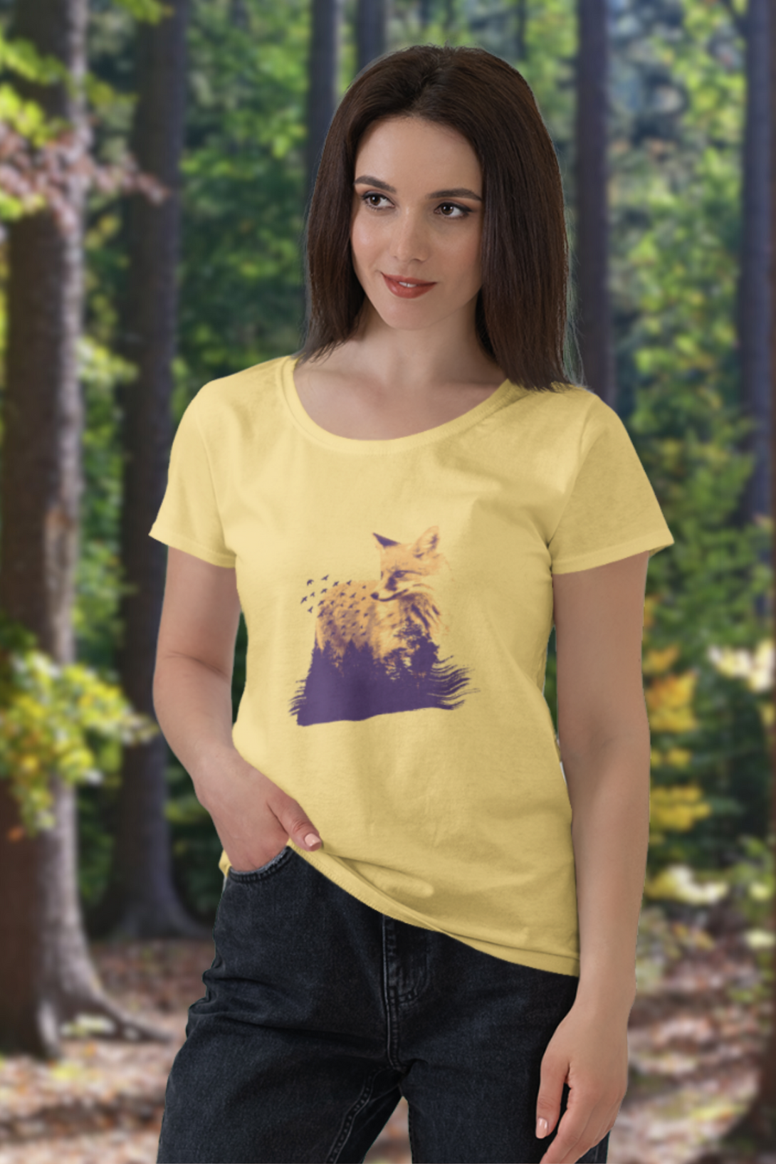 Forest Fox Printed Scoop Neck T-Shirt For Women - WowWaves - 7