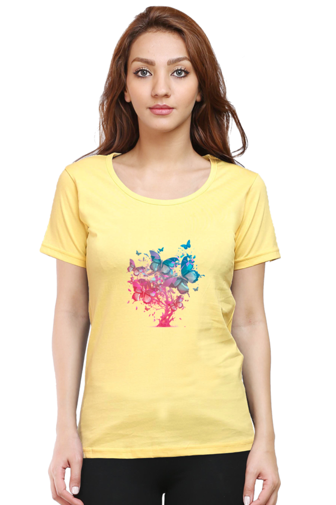 Butterfly Tree Printed Scoop Neck T-Shirt For Women - WowWaves - 7
