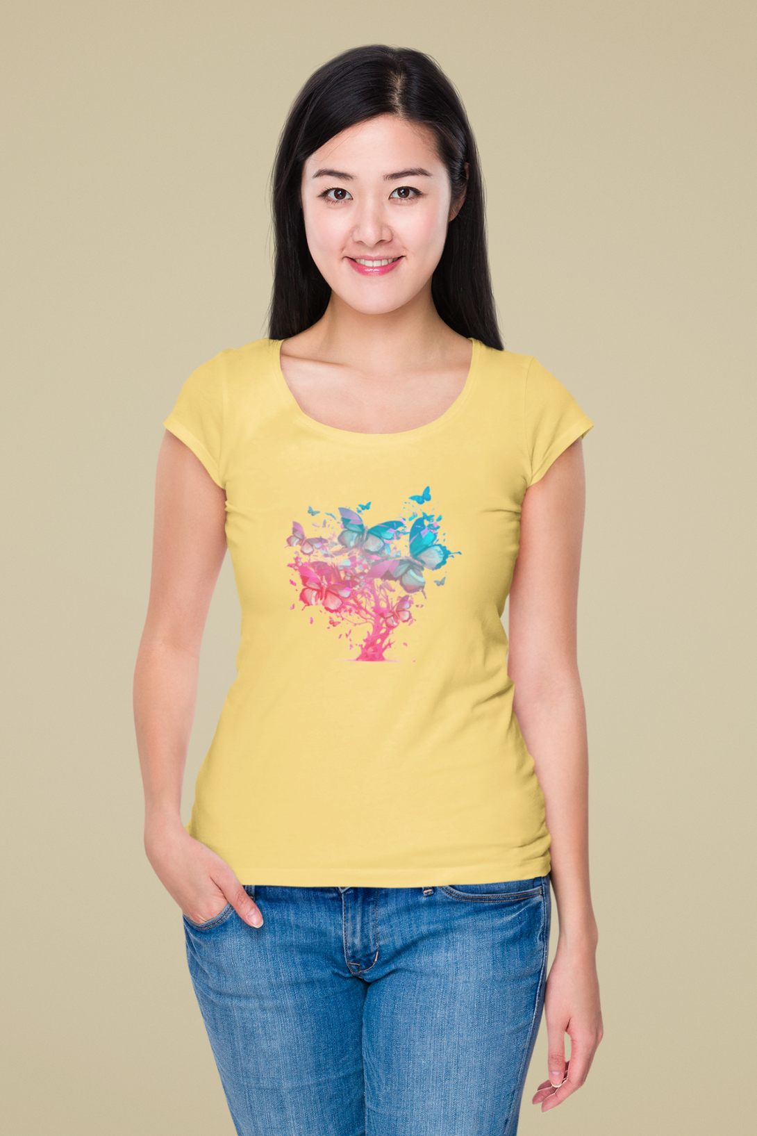 Butterfly Tree Printed Scoop Neck T-Shirt For Women - WowWaves - 12
