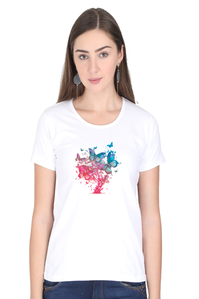 Butterfly Tree Printed Scoop Neck T-Shirt For Women - WowWaves - 5