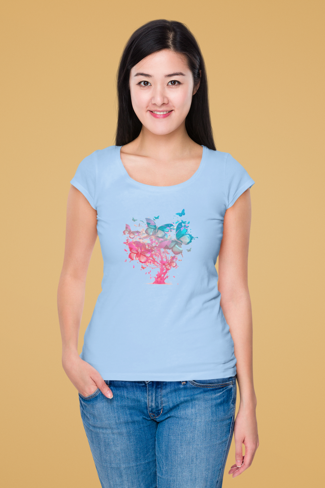 Butterfly Tree Printed Scoop Neck T-Shirt For Women - WowWaves - 13