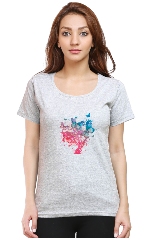 Butterfly Tree Printed Scoop Neck T-Shirt For Women - WowWaves - 6