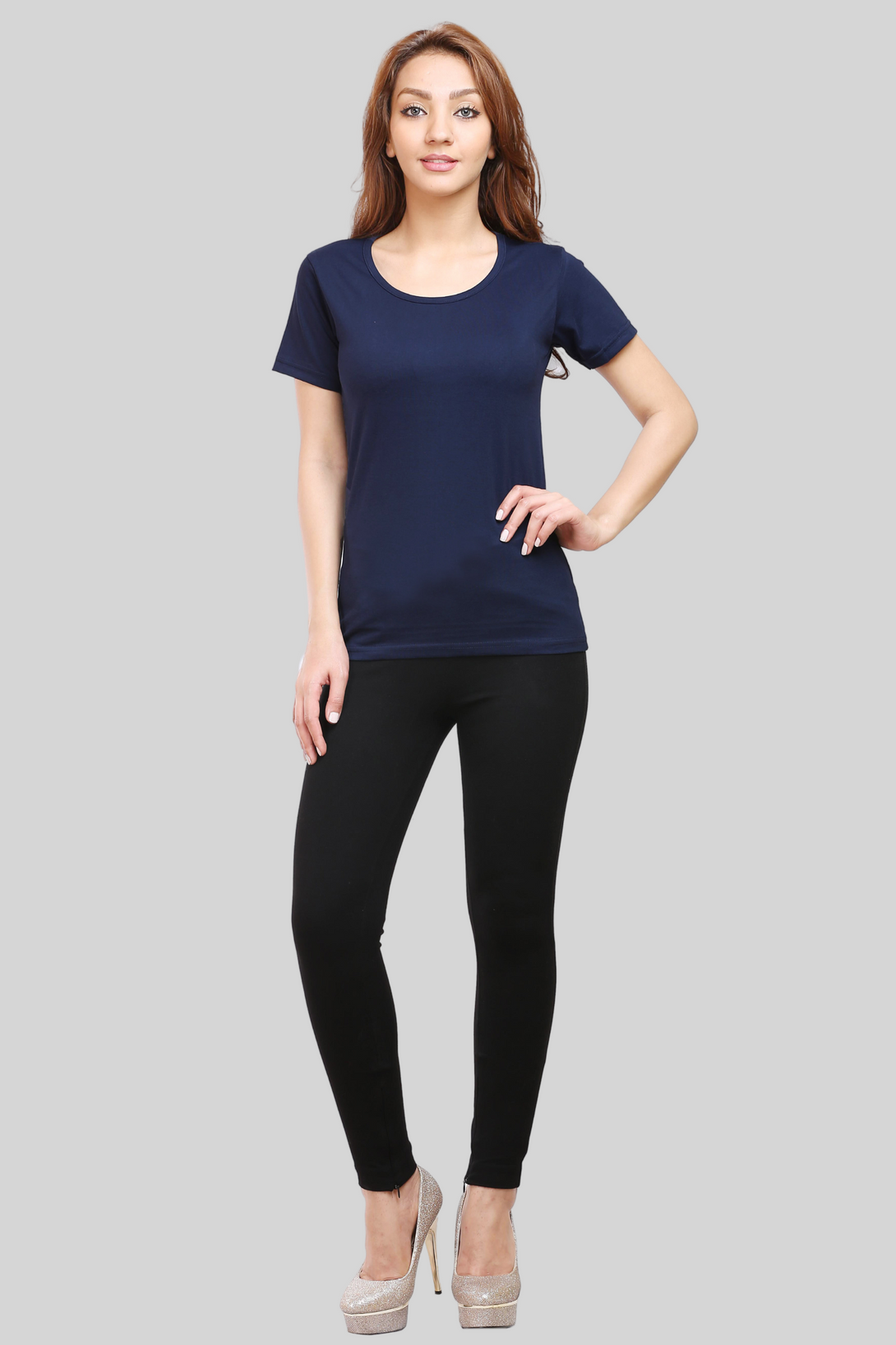 Navy Blue Scoop Neck T-Shirt For Women - WowWaves - 2