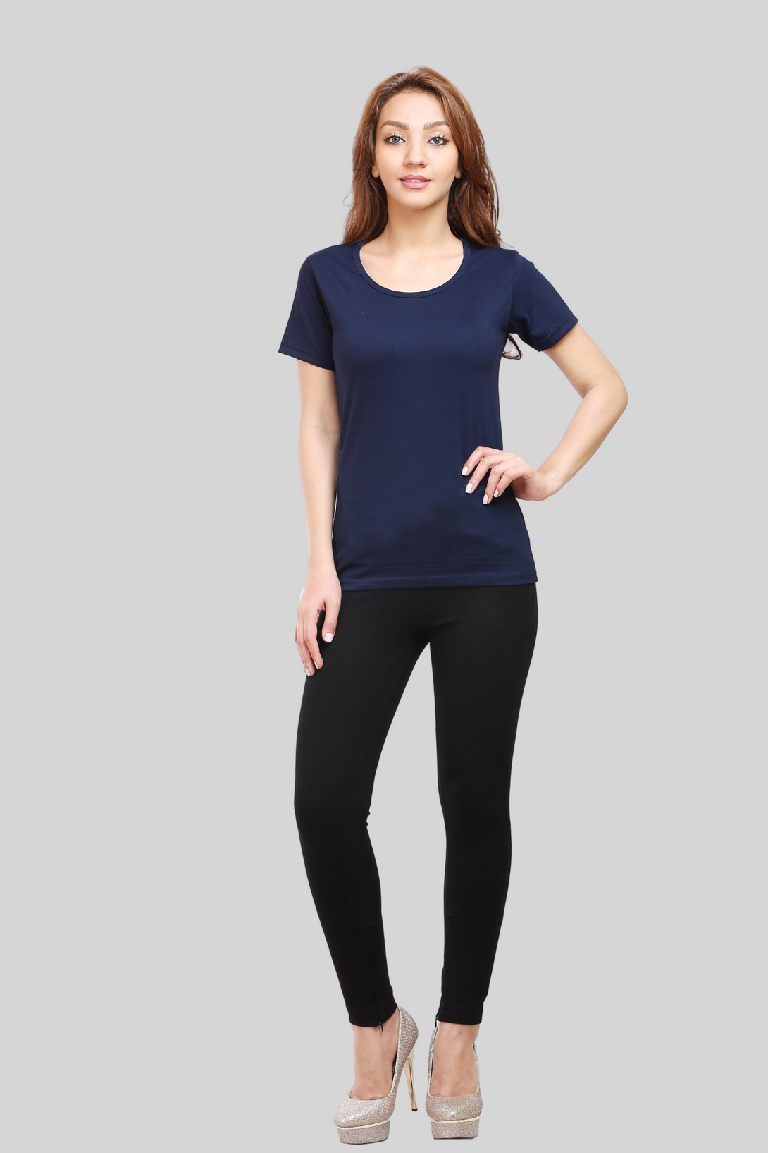 Navy Blue Scoop Neck T-Shirt For Women - WowWaves - 4