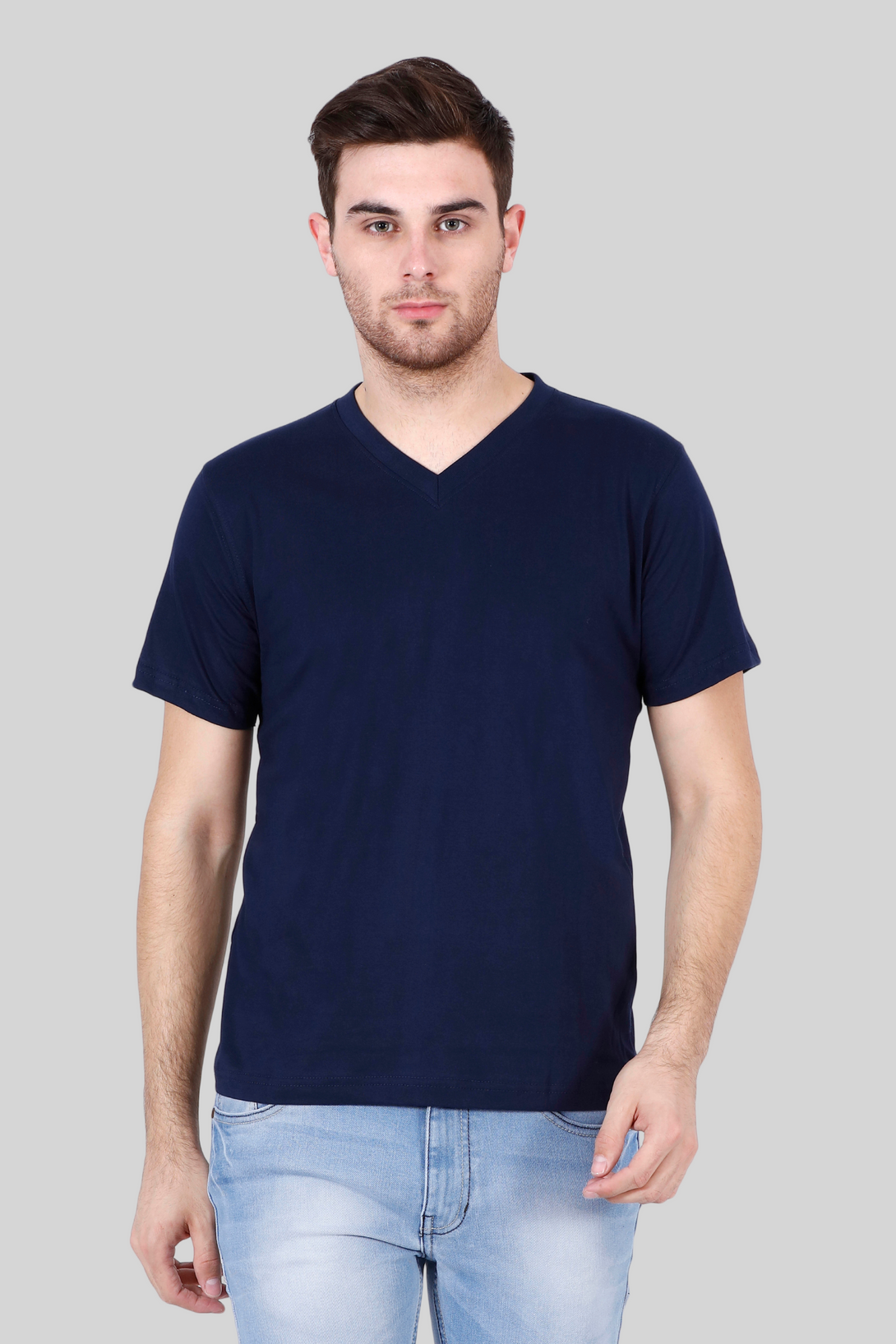 Navy Blue V Neck T-Shirt For Men - WowWaves - 1