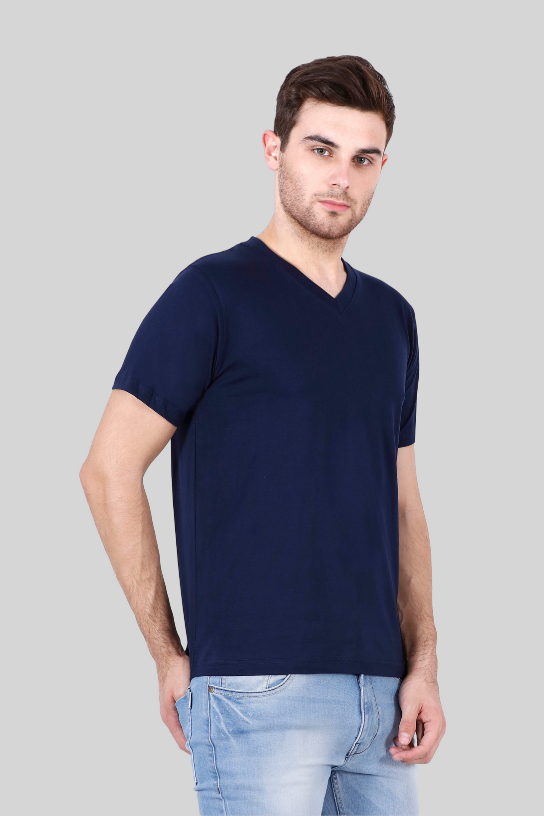 Navy Blue V Neck T-Shirt For Men - WowWaves - 7