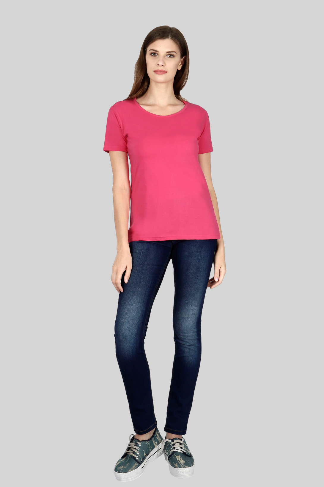 Pink Scoop Neck T-Shirt For Women - WowWaves - 1
