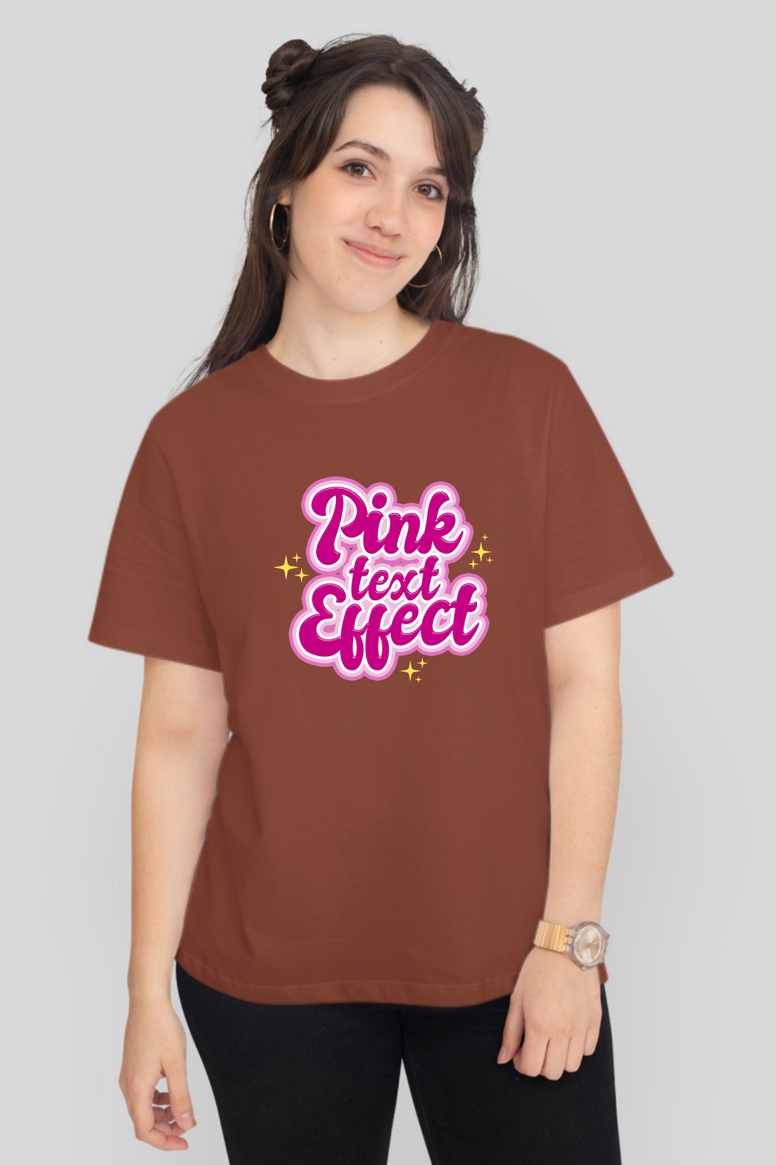 Pink Text Effect Printed T-Shirt For Women - WowWaves - 9