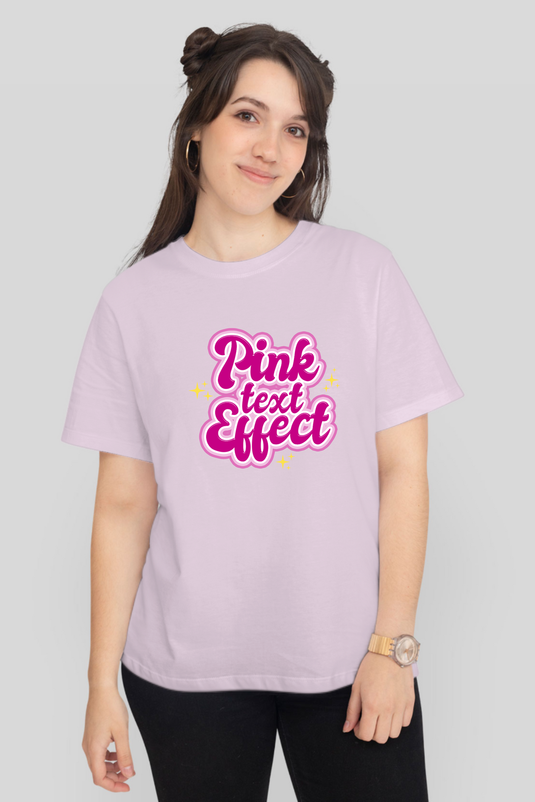 Pink Text Effect Printed T-Shirt For Women - WowWaves - 8