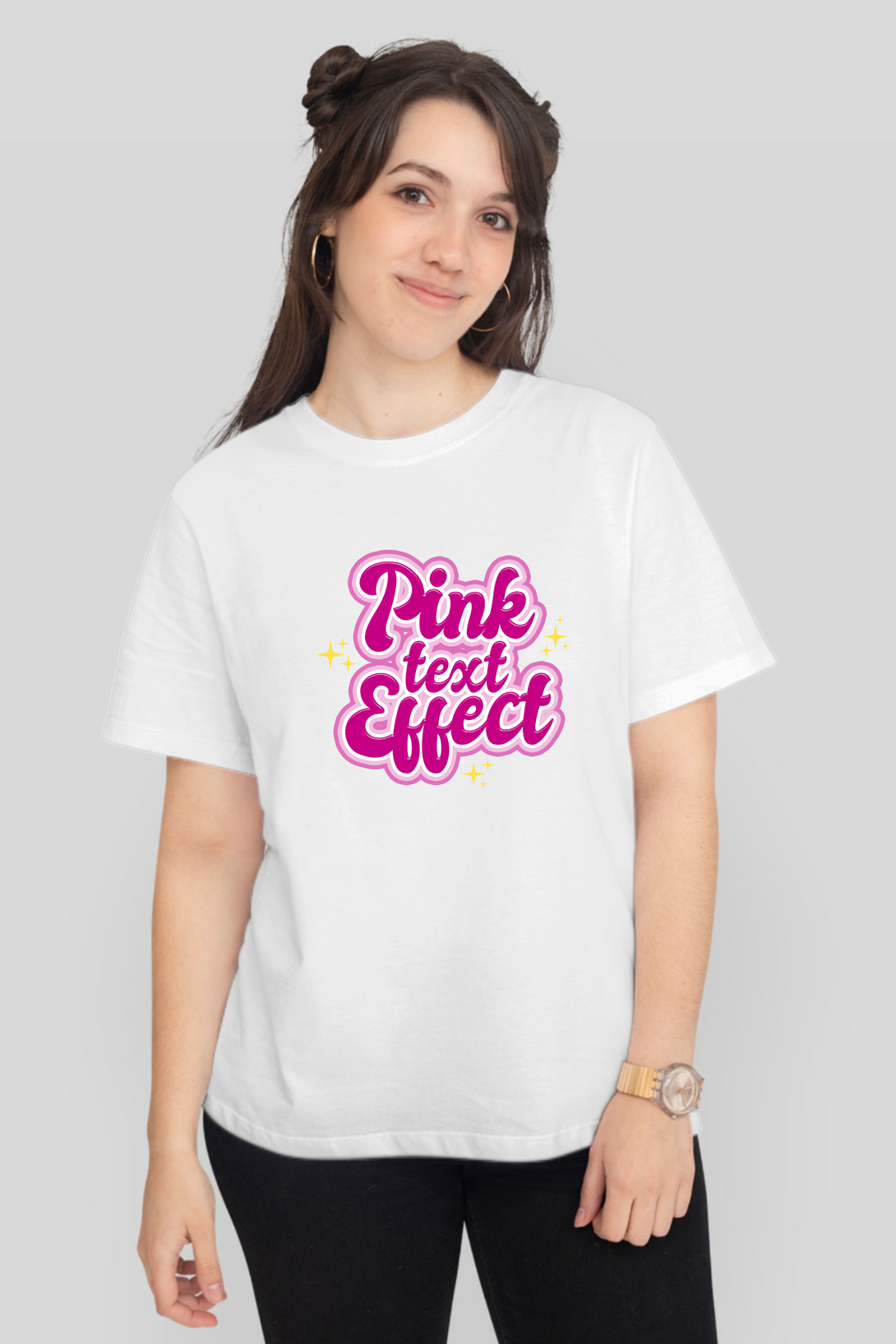Pink Text Effect Printed T-Shirt For Women - WowWaves - 7