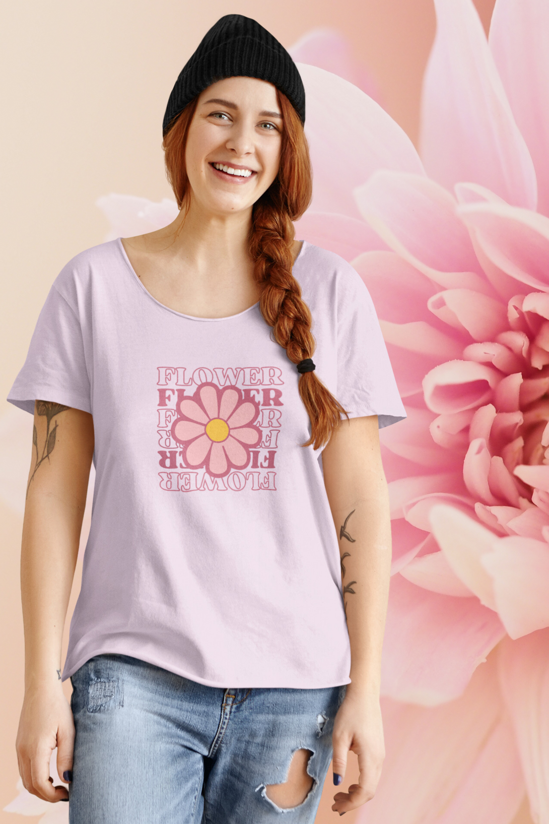 Pink Playful Flower Printed Scoop Neck T-Shirt For Women - WowWaves - 2