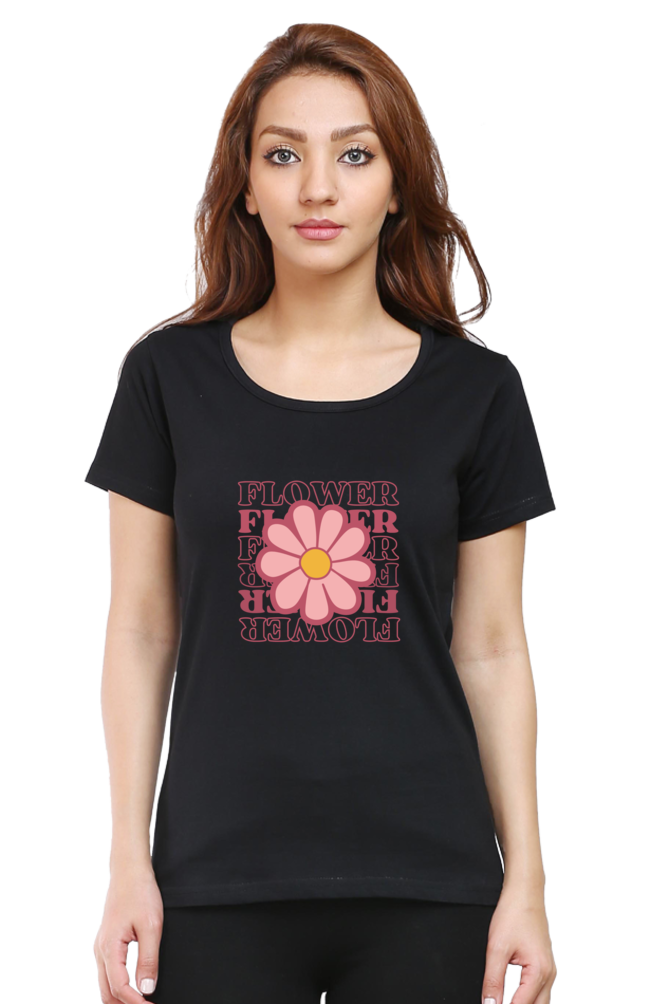 Pink Playful Flower Printed Scoop Neck T-Shirt For Women - WowWaves - 11