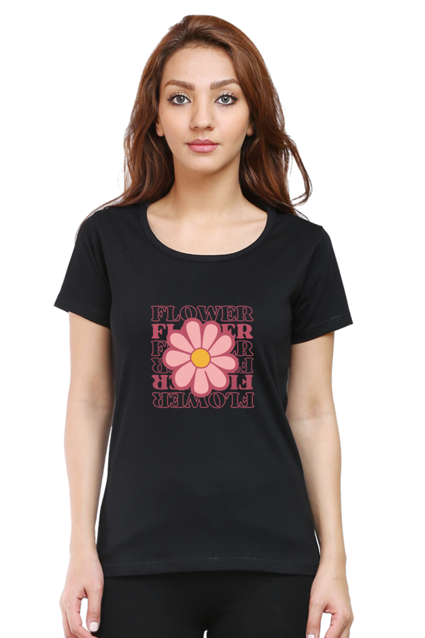 Pink Playful Flower Printed Scoop Neck T-Shirt For Women - WowWaves - 11