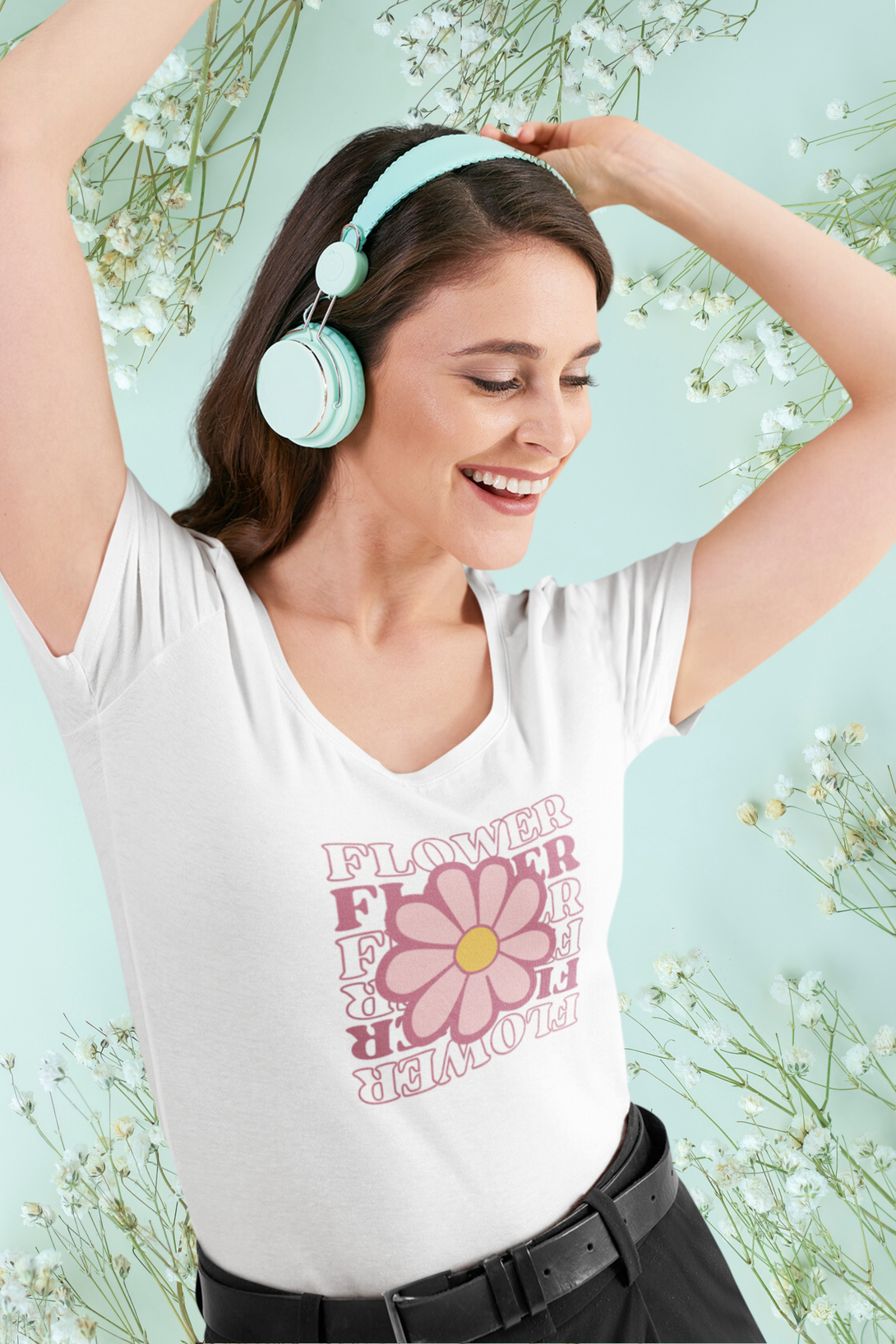 Pink Playful Flower Printed Scoop Neck T-Shirt For Women - WowWaves - 7