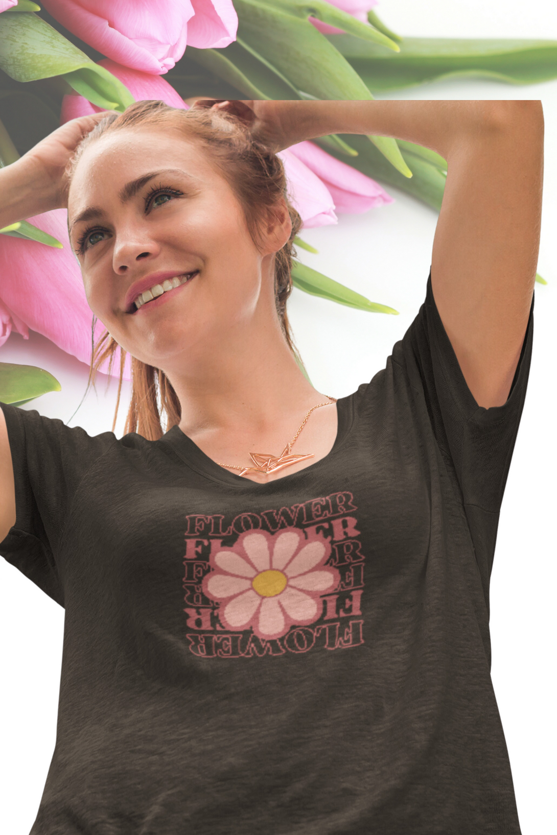Pink Playful Flower Printed Scoop Neck T-Shirt For Women - WowWaves - 4
