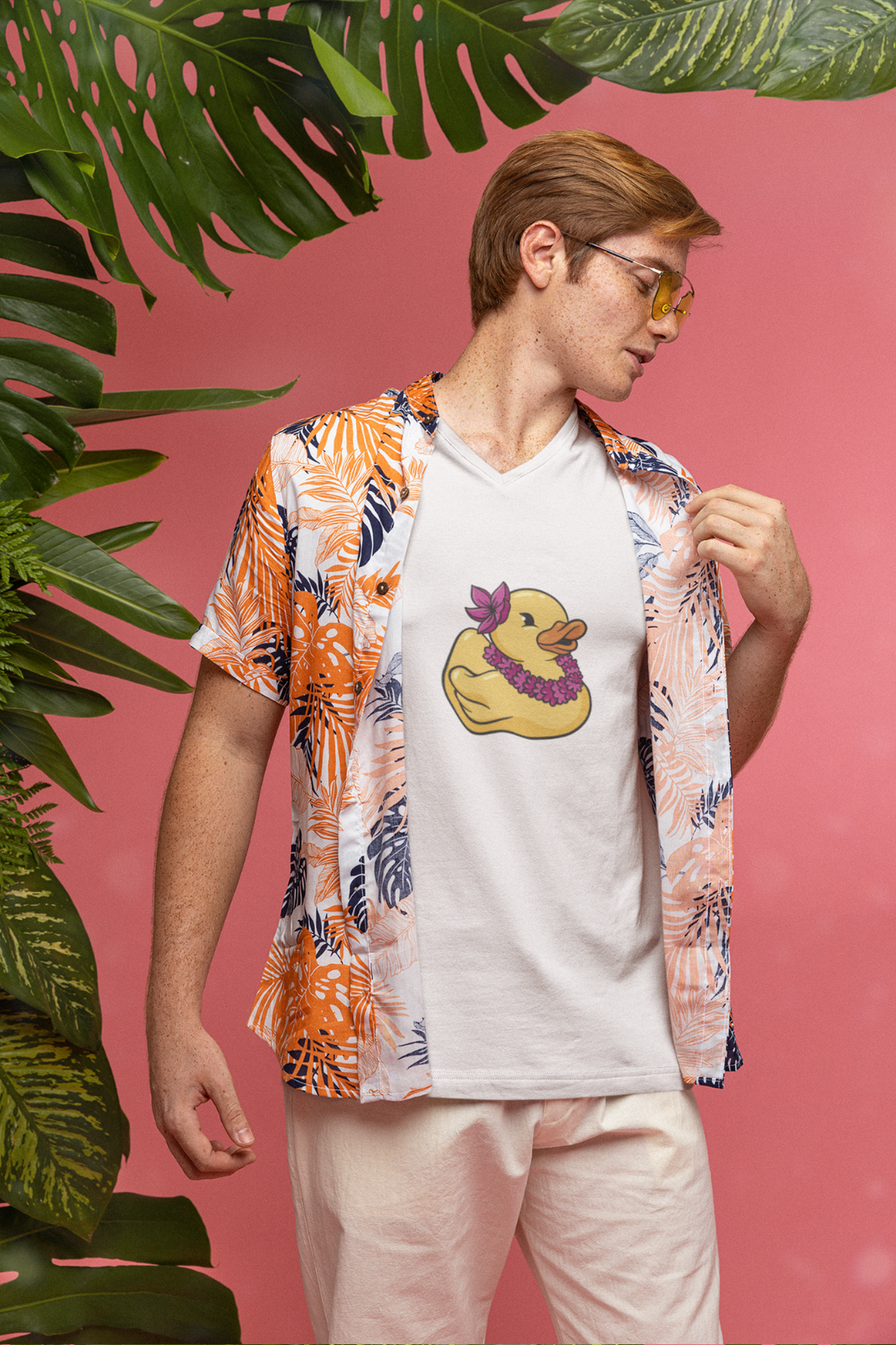 Hawaiian Duck Printed V Neck T-Shirt For Men - WowWaves - 2