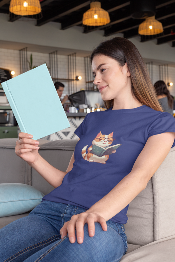 Cat Reading Books Printed T-Shirt For Women - WowWaves