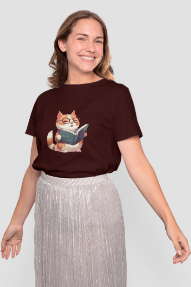 Cat Reading Books Printed T-Shirt For Women - WowWaves - 5
