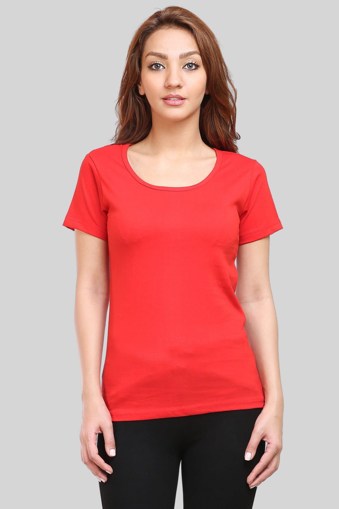 Red Scoop Neck T-Shirt For Women - WowWaves - 3