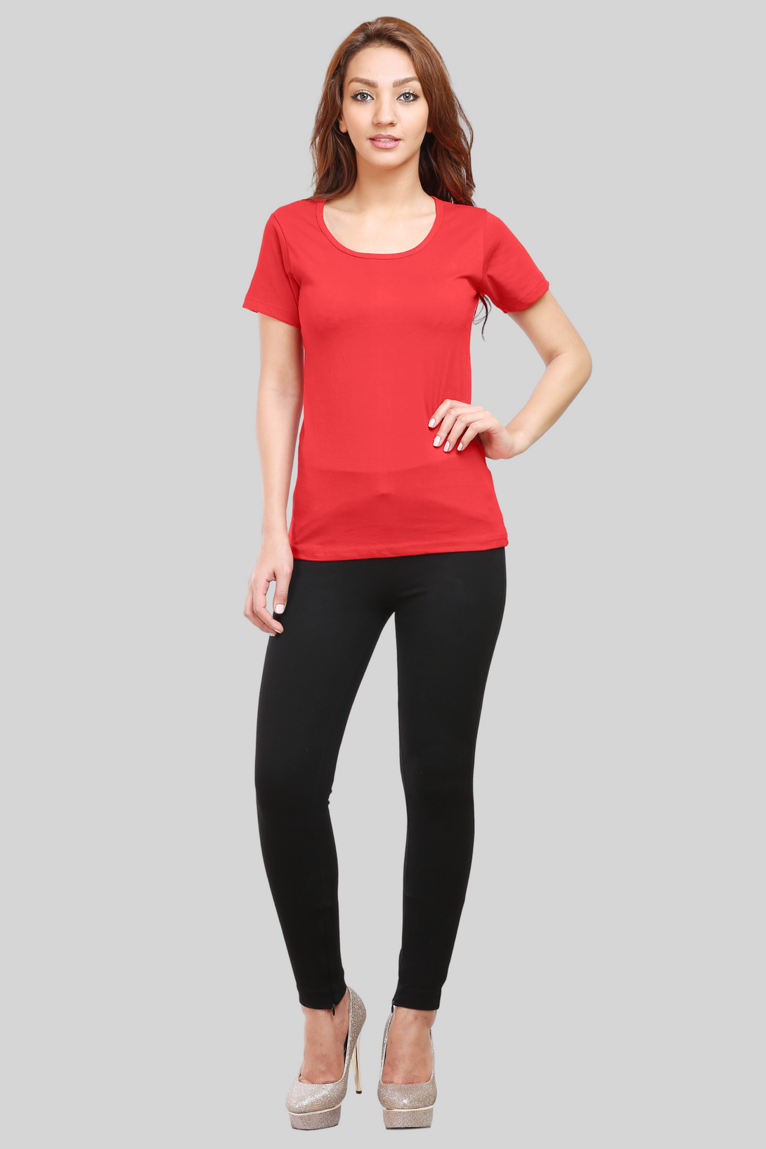 Red Scoop Neck T-Shirt For Women - WowWaves - 5