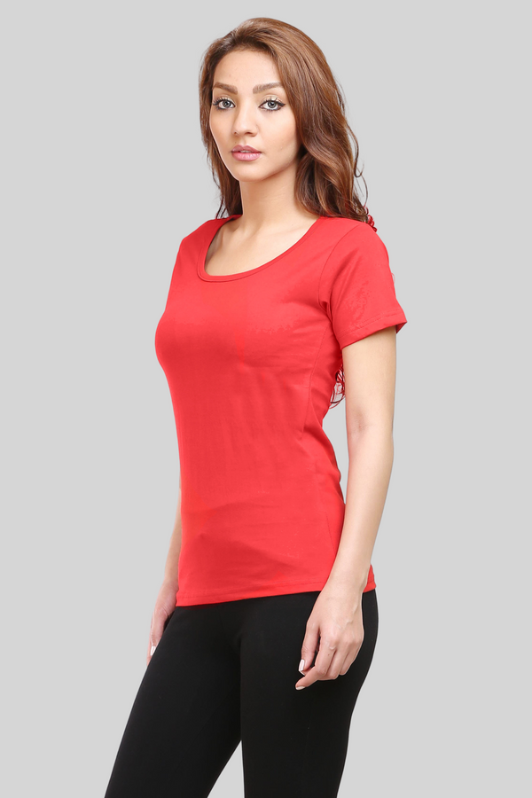 Red Scoop Neck T-Shirt For Women - WowWaves