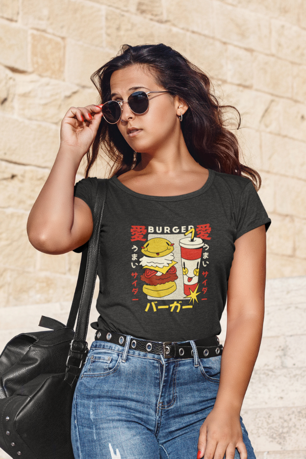 Retro Burger Soda Printed Scoop Neck T-Shirt For Women - WowWaves