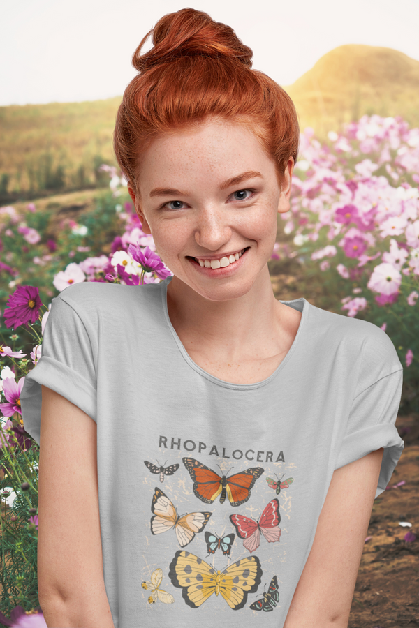Rhopalocera Printed Scoop Neck T-Shirt For Women - WowWaves