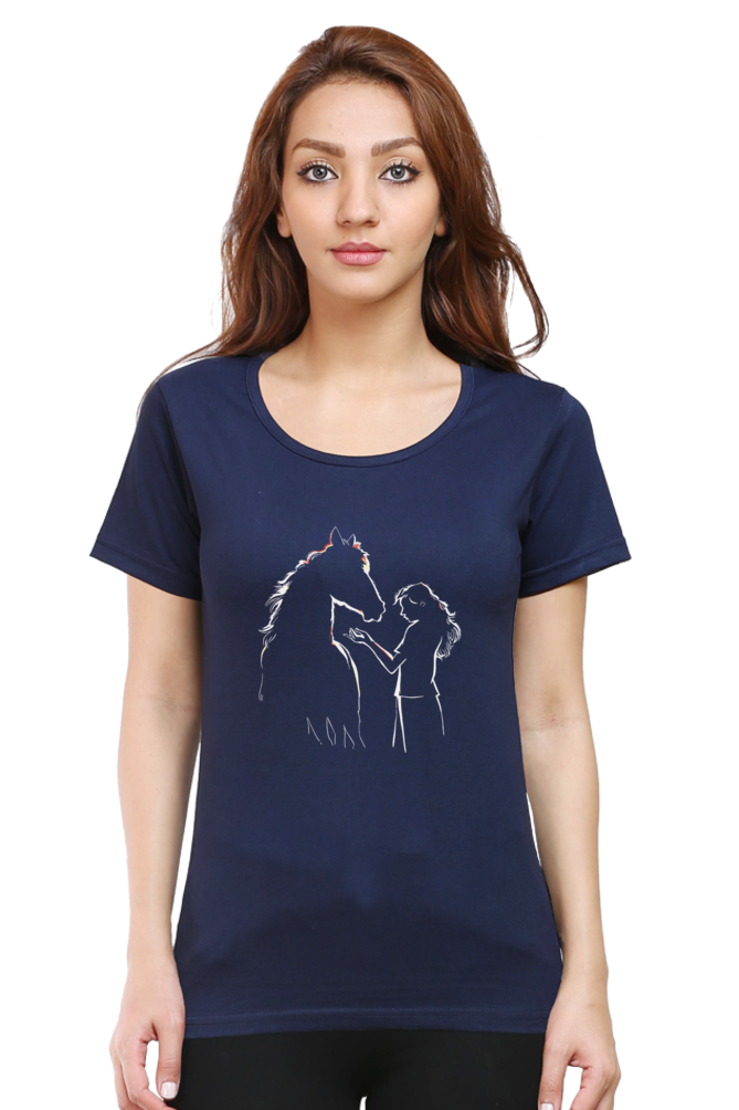 Horse Girl Silhouette Printed Scoop Neck T-Shirt For Women - WowWaves - 5