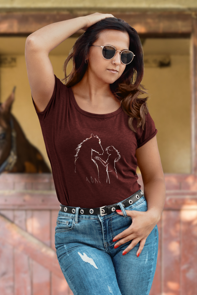 Horse Girl Silhouette Printed Scoop Neck T-Shirt For Women - WowWaves - 2