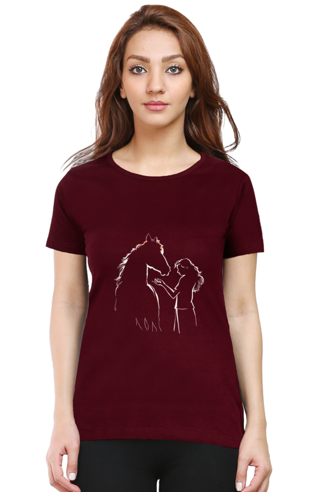 Horse Girl Silhouette Printed Scoop Neck T-Shirt For Women - WowWaves - 7