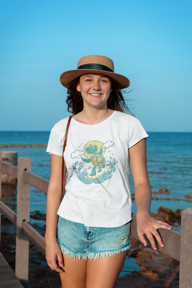 Turtle Surfer White Printed Scoop Neck T-Shirt For Women - WowWaves - 2