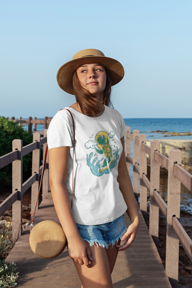 Turtle Surfer White Printed Scoop Neck T-Shirt For Women - WowWaves - 6