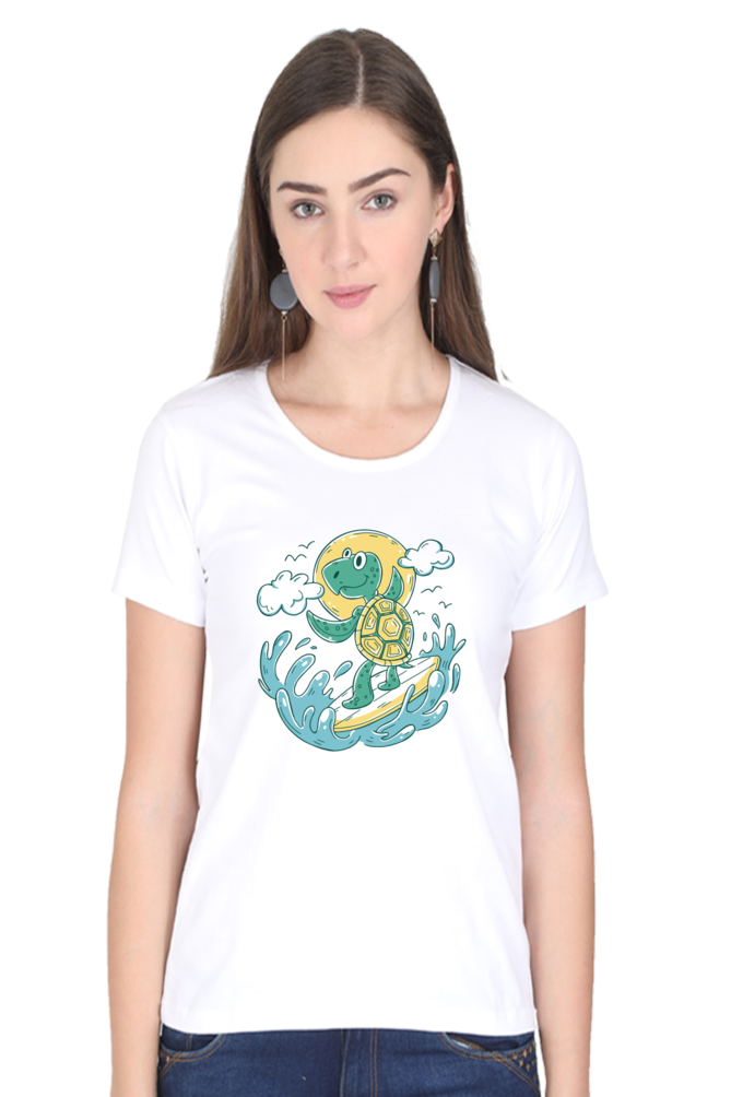 Turtle Surfer White Printed Scoop Neck T-Shirt For Women - WowWaves - 7
