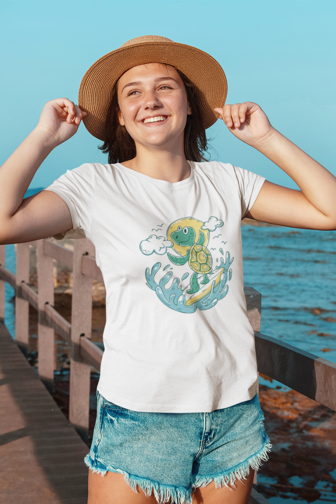 Turtle Surfer White Printed Scoop Neck T-Shirt For Women - WowWaves - 3