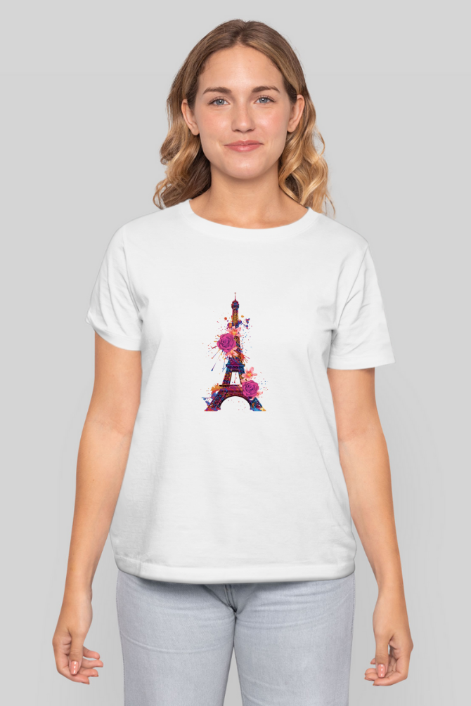 Floral Eiffel Tower Printed T-Shirt For Women - WowWaves - 8