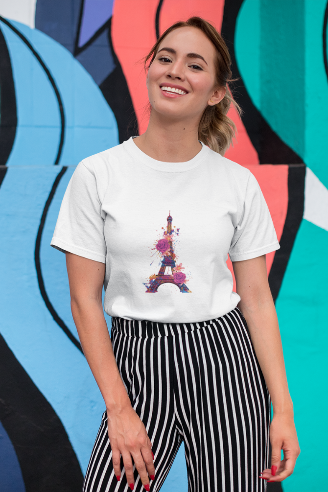 Floral Eiffel Tower Printed T-Shirt For Women - WowWaves - 3