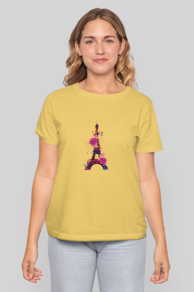 Floral Eiffel Tower Printed T-Shirt For Women - WowWaves - 9
