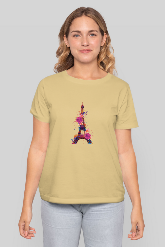 Floral Eiffel Tower Printed T-Shirt For Women - WowWaves - 14
