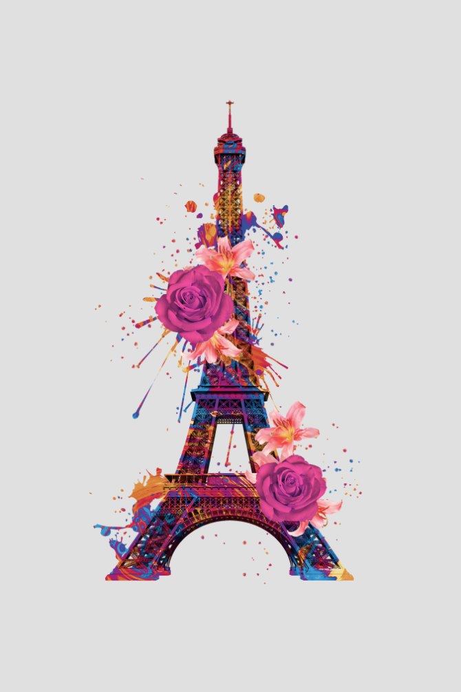 Floral Eiffel Tower Printed T-Shirt For Women - WowWaves - 1