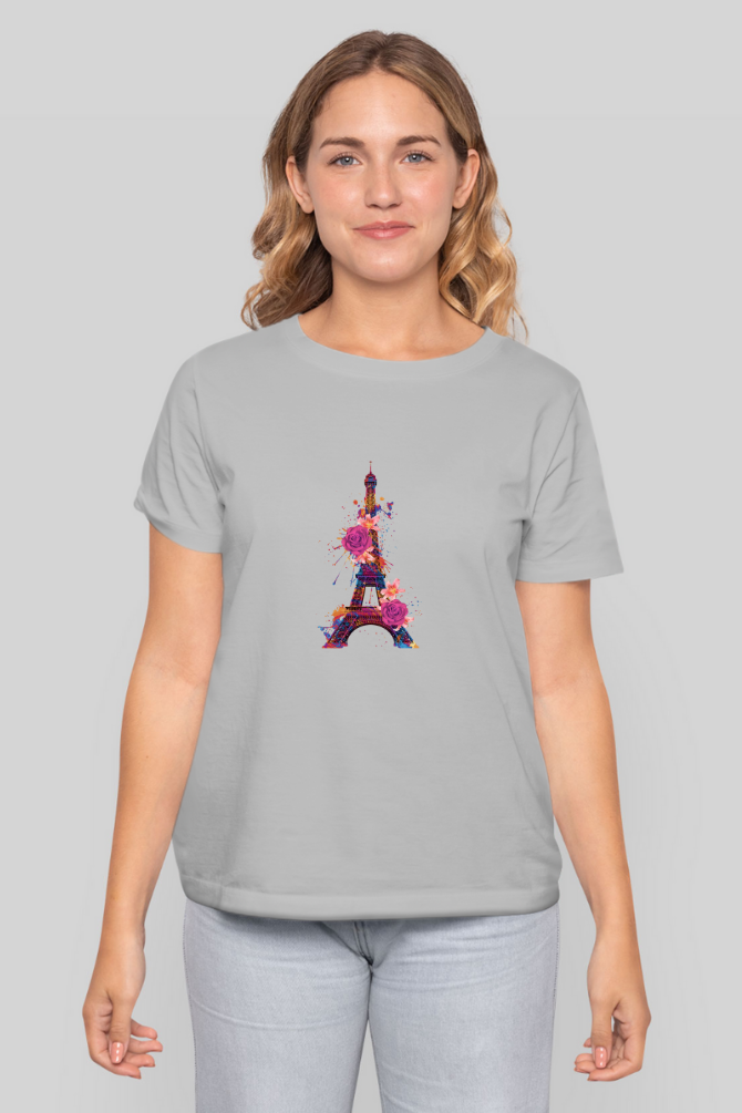 Floral Eiffel Tower Printed T-Shirt For Women - WowWaves - 10