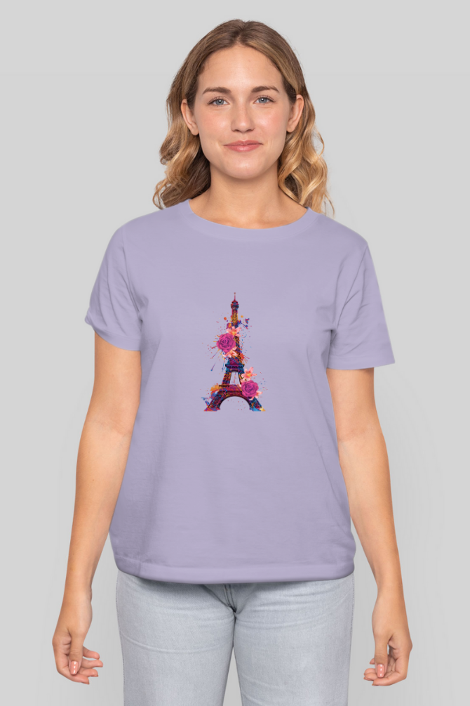 Floral Eiffel Tower Printed T-Shirt For Women - WowWaves - 13