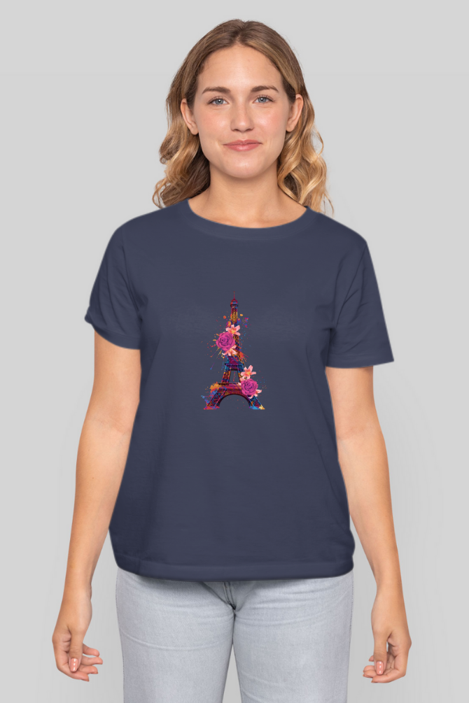 Floral Eiffel Tower Printed T-Shirt For Women - WowWaves - 11