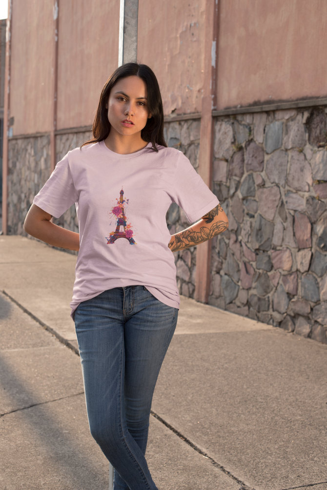 Floral Eiffel Tower Printed T-Shirt For Women - WowWaves - 7