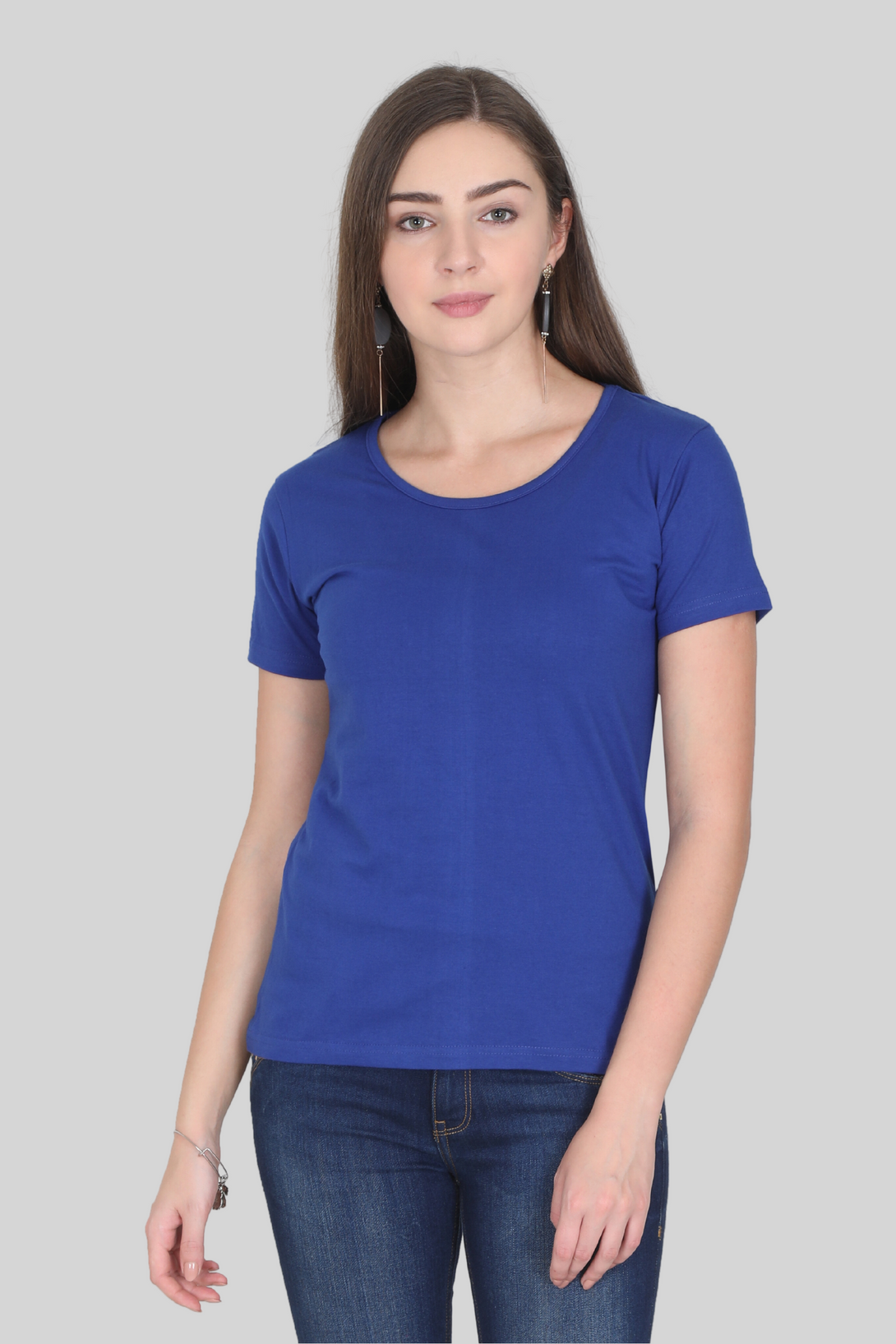 Royal Blue Scoop Neck T-Shirt For Women - WowWaves - 4